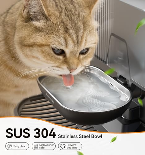 Wireless Cat Water Fountain No Filters, Wastewater Separation, FEELNEEDY Stainless Steel Bowl, 3.5L Pet Water Fountain for Cats & Dogs Dispenser, Black