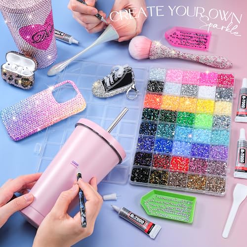 50000Pcs Bedazzling Kit with Rhinestones 3mm, 40 Colors Bedazzler Kit Resin Rhinestones Nail Gems & Glitter Gem Art Supplies, Diamond Art Kits Accessories with Pickup Pen, 4pcs 10ml B7000 Glue