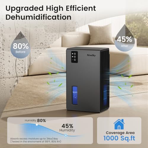 Dehumidifiers for Home, 1000 Sq.Ft Dehumidifier with 95oz Water Tank, Quiet Dehumidifier for Basement Bathroom Bedroom with 7-Color Ambient Light & Auto Shut Off, (Grey)