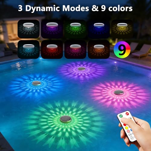 Solar Powered Floating Pool Lights(2 Pack), Pool Lights That Float with Remote Control, 12 Lighting, Timing Mode, IP67 Waterproof for Inground/Above Ground Pool, Pool Party, Bathroom, Bathtub, Garden