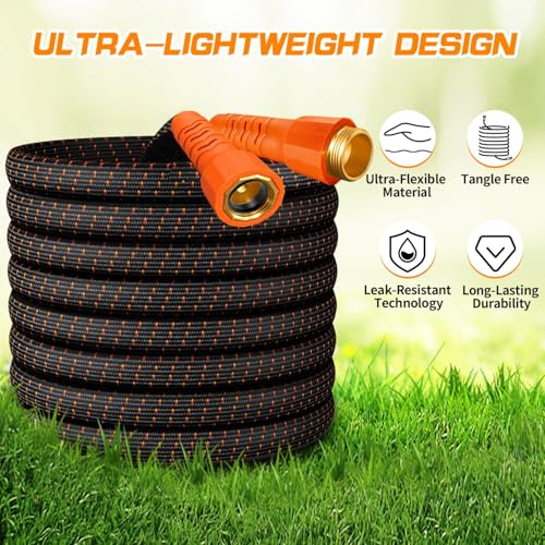50FT Flexible Garden Hose & 10Modes Nozzle,Lightweight Water Hose,Kink-Free,All-Weather Heavy Duty Hose for RV,Boat,Car Wash,Garden,Yard,Camper,Outdoor (Orange-Black, 50 Feet)