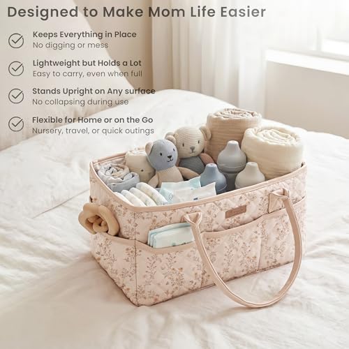 Konssy Baby Diaper Caddy Organizer, Floral Design with PU Leather Handles | Quilted, Water-Repellent, Diaper Caddy Basket with Removable Dividers, Baby Registry Must Have, Newborn Essentials (Floral)
