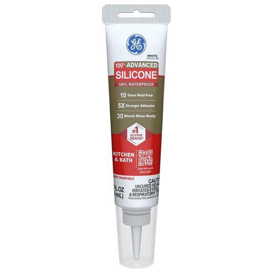 GE Advanced Silicone Caulk for Kitchen & Bathroom, White, 2.8 fl oz Tube, 1 Pack - 100% Waterproof Silicone Sealant, 5X Stronger Adhesion, Shrink & Crack Proof