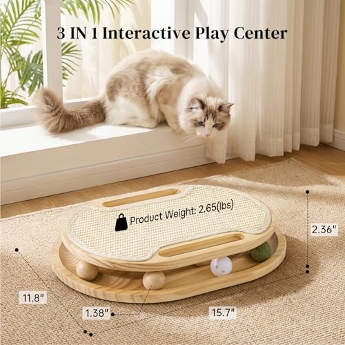 ZOMISIA Cat Scratcher with Ball Track Toy, Sisal Scratch Pad for Indoor Use | Wooden Interactive Cat Puzzle Toys for Adult Cats, Kitten Mental Stimulation Self Play Home Enrichment, Spinning Balls