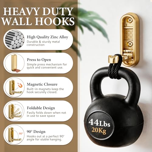 Folding Wall Hooks, 2 Pack Gold Heavy Duty Coat Hooks, Screw Mounted | Zinc Alloy Foldable Hooks, Hold up to 44 lbs, 90° Fold-Down Design for Clothes, Towels, Bags and Keys