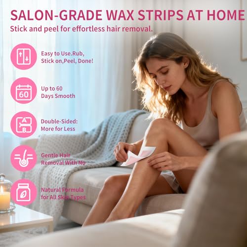60PCS Wax Strips- 40Facial&20Body Waxing Kit for Women Hair Removal | Wax Strips for Face, Eyebrow, Body, Arms, Legs, Chest, Back, Bikini/Brazilian Waxing Strips & 4 Calming Oil Wipes,Rose