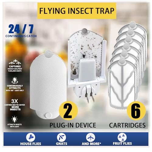 Flying Insect Trap for Indoor Use (2 Starters & 6 Refill Cartridges), UV Light Bug Catcher for Fruit Flies, Gnats & Small Flying Pests, Silent, No-Zap, Mess-Free