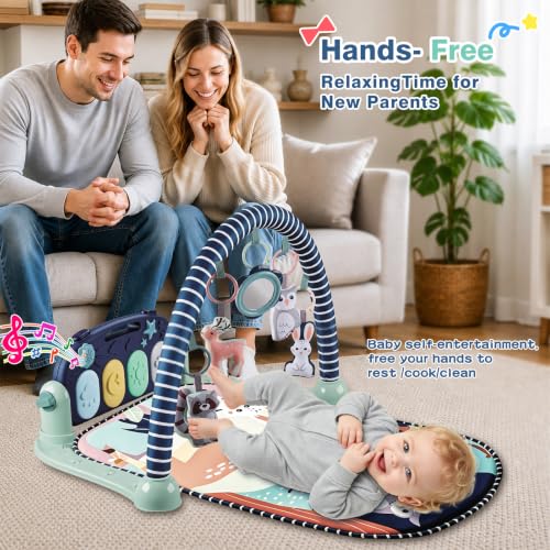 Joryuek Baby Play Mat, Tummy Time Mat with Piano Music and Lights, Baby Activity Play Gym with Sensory Development Toys, Boy and Girl Gifts for Newborn Infant Aged 0 to 3 6 9 12 Months (Navy Blue)