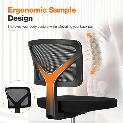Sweetcrispy Small Armless Desk Chair, Mesh Rolling Office Chairs | Adjustable Ergonomic Lumbar Support, Low-Back, Swivel Wheels, Home Work, Bedroom, Study, Student, Adults, New Black