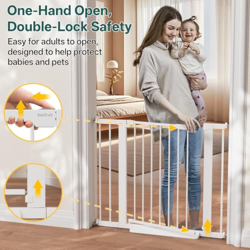 InnoTruth 27-36.6 in Wide Baby Gate for Stairs and Doorways, White | Indoor Metal Dog Gate for Pets, Auto Close 2 Way Swing Walk Through Door, Double Lock & Y-Bolts, Pressure or Hardware Mount