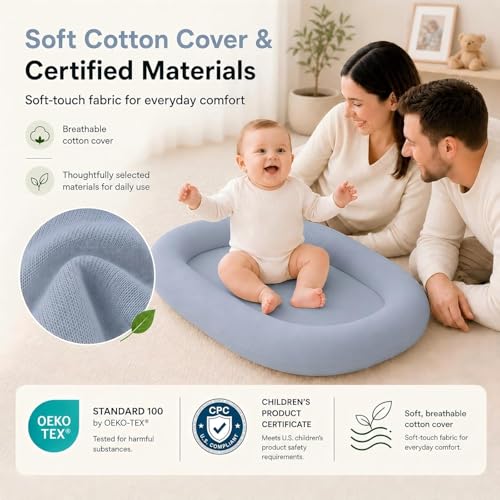 Baby Lounger for Newborns 0-24 Months - Baby Essentials | Soft Breathable Cotton Infant Support Cushion for Tummy Time & Play, Portable Infant Lounger - Navy Blue (Cover Included)