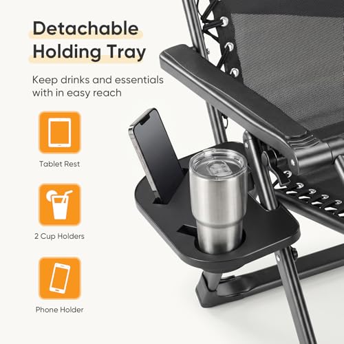 NEWBULIG Zero Gravity Chair, Folding Patio Recliner with Cup Holder Trays | Portable Patio Chairs, Lounge Chair for Outdoor, Indoor, Beach, Pool, Camping, Balcony, Porch, Black