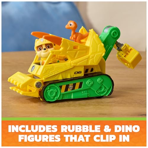 PAW Patrol The Dino Movie Rubble Dino Rescue Bulldozer Toy Truck | 7-Inch Toy Construction Vehicle, Chomping Front Scoop, Articulated Back Claw, Rubble & Dinosaur Figures, Kids Toys Ages 3+