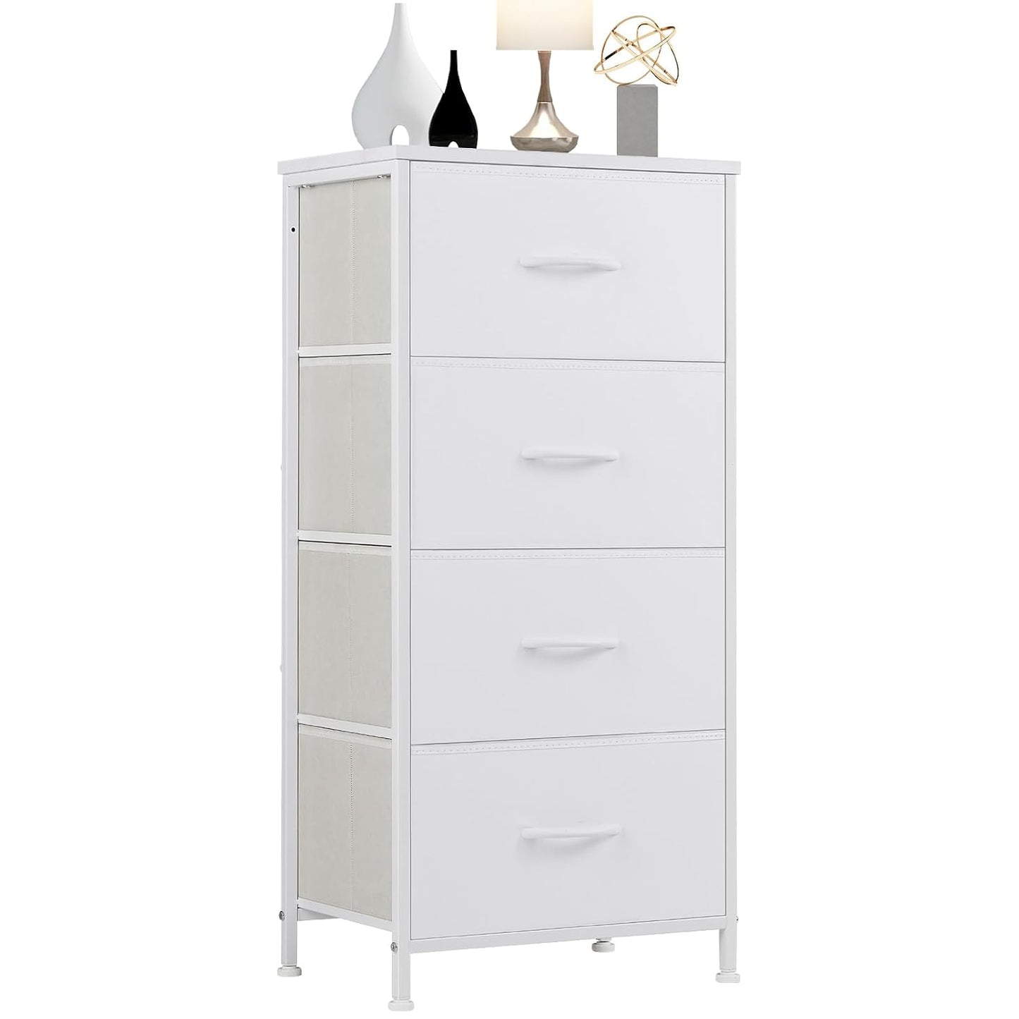 DUMOS Nightstand, Bedside Table with 4 Fabric Drawers | Night Stand with Removable Bins, Steel Frame Wood Top, Organizer Furniture for Bedroom Closet, Living Room, Chalky