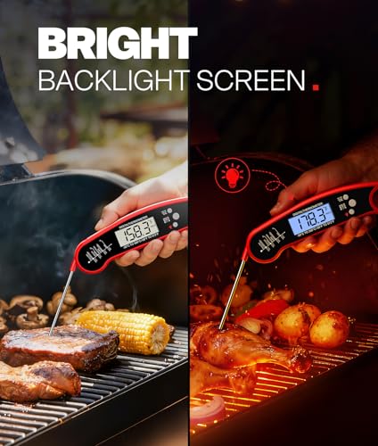 Meat Thermometer Digital, 1-2 Sec Instant Read, Food, Cooking, Grill | Bright Backlit Display, Waterproof for Air Fryer, Smoker, Candy, Kitchen Gadgets, BBQ Essentials, Gift for Men Husband, Red