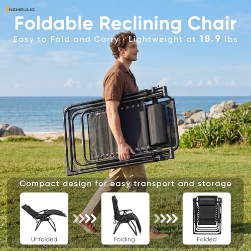 NEWBULIG Zero Gravity Chair, Folding Patio Recliner with Cup Holder Trays | Portable Patio Chairs, Lounge Chair for Outdoor, Indoor, Beach, Pool, Camping, Balcony, Porch, Black