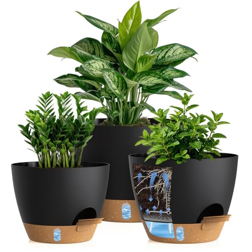 Self Watering Pots with Drainage Holes, 3 Pack 12/10/8 Inch Plant Pots with Water Level Indicator Deep Reservoir, Large Plastic Planter for Indoor Outdoor Plants - Black Brown
