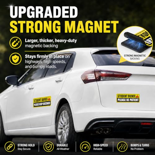 Student Driver Magnet for Car 2 Pack, Large Reflective 10x3.4 in | Please be patient new driver signs, weatherproof, stays on at highway speeds, removes clean, for teen and beginner drivers