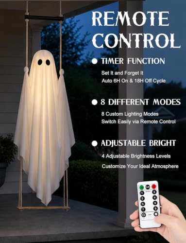Halloween Decorations Outdoor 3.7FT Pre-Assembled Hanging Swing Ghost | ready-to-hang ghost,remote waterproof lights,stable&adjustable,sturdy–ideal for porches, trees, yards & entryways