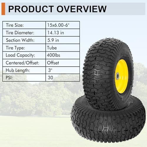 2 Pack 15x6.00-6 Lawn Mower Front Tire and Wheel Assembly, Fits John Deere Riding Mowers 100 & 300 Series, 3" Offset Hub, 3/4", 5/8" & 1/2" Bushings