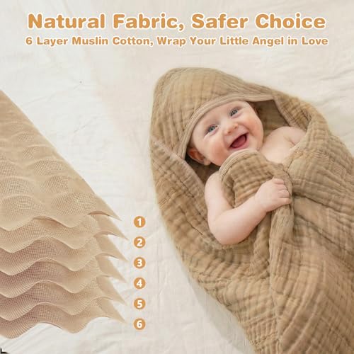 Muslin Hooded Baby Towels 2 Pack, 100% Cotton Baby Bath Towels for Newborn | 6-Layer Muslin Cotton, Ultra Soft & Highly Absorbent, 32x32 Inch, Deep Hood, Newborn to Toddler, Neutral Unisex
