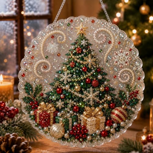 Christmas Pearl Diamond Painting Suncatcher Kit, DIY Craft (#C, 8in) | Pre-Assembled Metal Chain, Acrylic Round Board with Lace Edge, 3D Mixed-Sized Pearl Beads Craft, Festive Window Wall Decor
