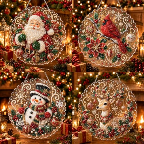 AYTHSRIC Christmas Pearl Diamond Painting Suncatcher Kit, Acrylic DIY Diamond and Pearl Art Painting, Christmas Diamond Painting Hanging Pendant, 3D Mixed-Sized Pearl Beads Craft (Style 7, 8×8in)