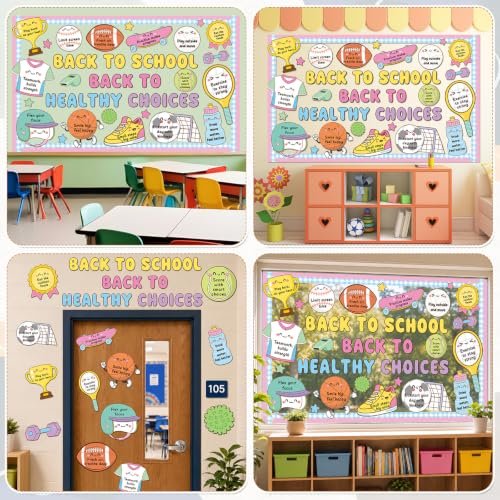 Back to School Health Bulletin Board Set Sports Good Habits Classroom Decoration Motivational Back to Health Choices Paper Cutouts for First Day of School Nurse Office Home Chalkboard Wall Door Decor