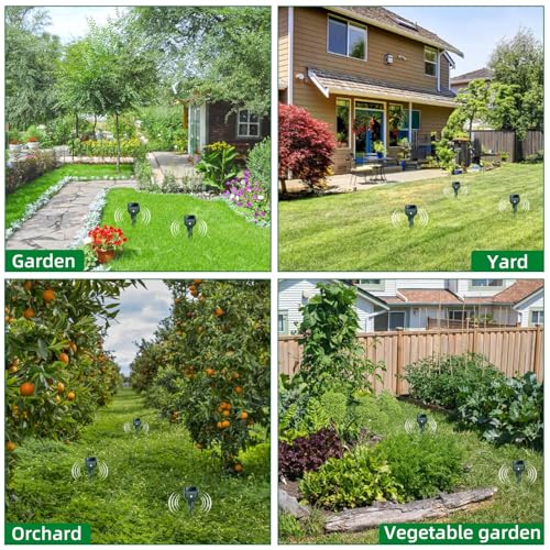 Mole Repellent Solar Powered, 4 Pack Snake & Skunk Repellent for Yard, IP 65 Waterproof Ultrasonic Deterrent Stakes, Get Rid of Rabbit, Gopher, Vole, Chipmunk, Deer, Groundhog for Lawns Garden