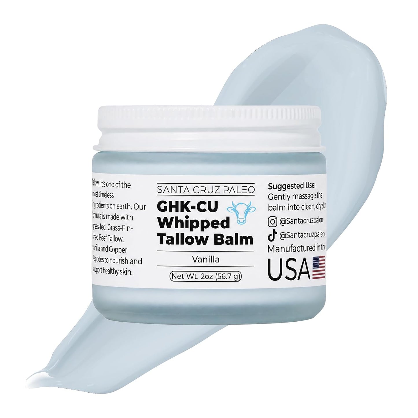 Santa Cruz Paleo GHK-Cu Whipped Tallow Balm + Copper Peptide, Vanilla, 2 Oz | Grass Fed Beef Tallow Moisturizer, Jojoba Oil, Vitamin E Skin Cream, Body Butter, Face Cream, Dry Skin Care, Body Lotion