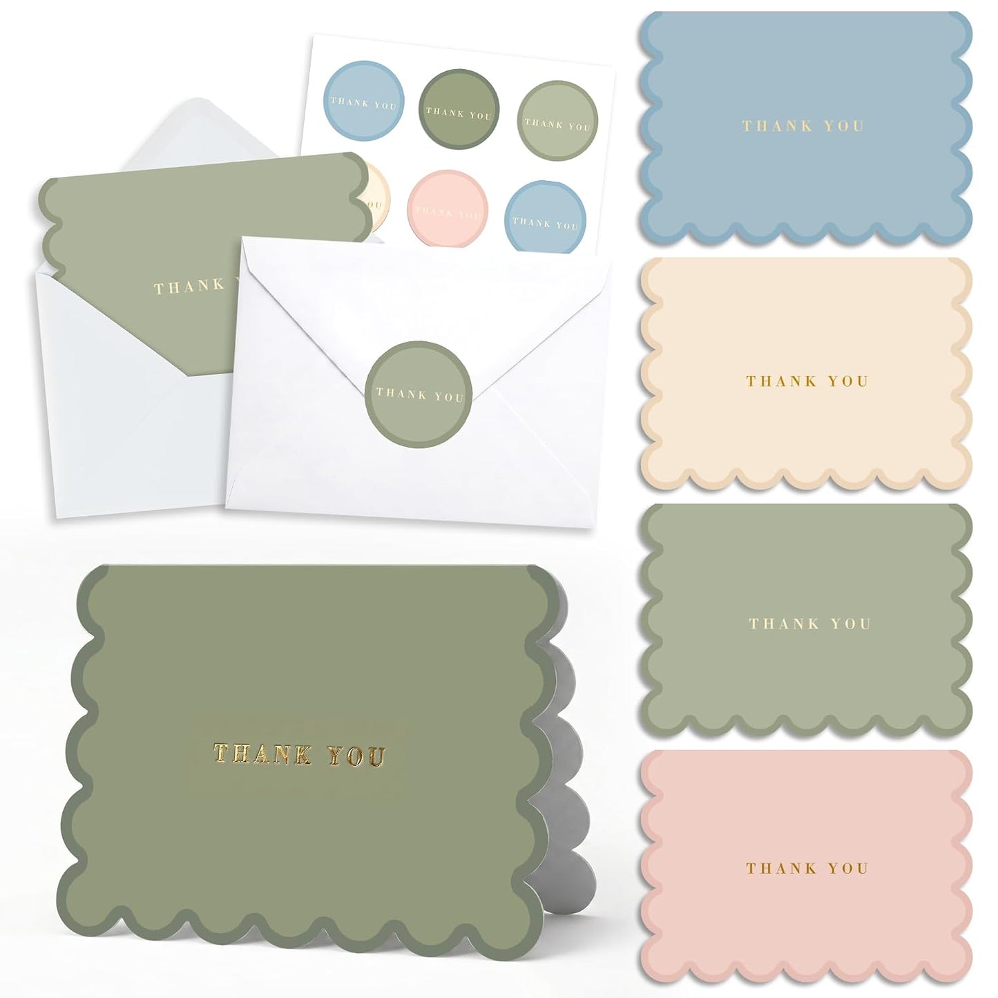 AUDREE Thank You Cards with Envelopes, Scalloped Gold Foil 50 Pack 3.5x5 | Elegant Greeting Notes with Matching Adhesive Envelopes - Perfect for Wedding, Bridal & Baby Showers, All Occasion