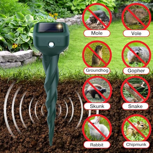 Mole Repellent Solar Powered, 4 Pack Snake & Skunk Repellent for Yard, IP 65 Waterproof Ultrasonic Deterrent Stakes, Get Rid of Rabbit, Gopher, Vole, Chipmunk, Deer, Groundhog for Lawns Garden