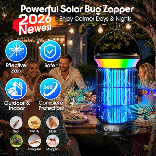 Solar Bug Zapper Outdoor, Mosquito Zapper with Rechargeable Bug Zapper Design, Solar & USB Charging, 6000mah Battery, Auto on Off Sensor, Waterproof for Patio Backyard Garden Camping