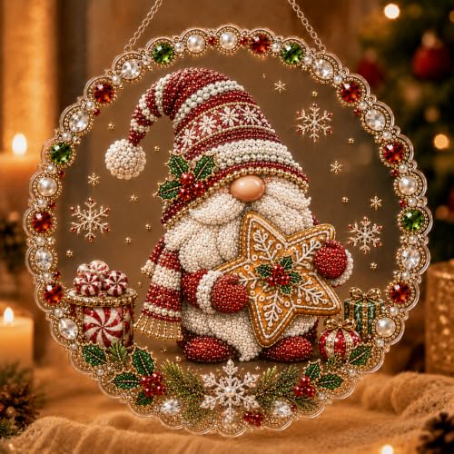 AYTHSRIC Christmas Pearl Diamond Painting Suncatcher Kit, Acrylic DIY Diamond and Pearl Art Painting, Christmas Diamond Painting Hanging Pendant, 3D Mixed-Sized Pearl Beads Craft (Style 7, 8×8in)