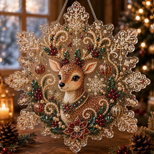 LJSCQF Christmas Pearl Diamond Painting Suncatcher Kit, DIY Craft | Pre-Assembled Metal Chain, Acrylic Snowflake Shape Board with Lace Edge, 3D Mixed-Sized Pearl Beads Craft (Style C, 8IN)