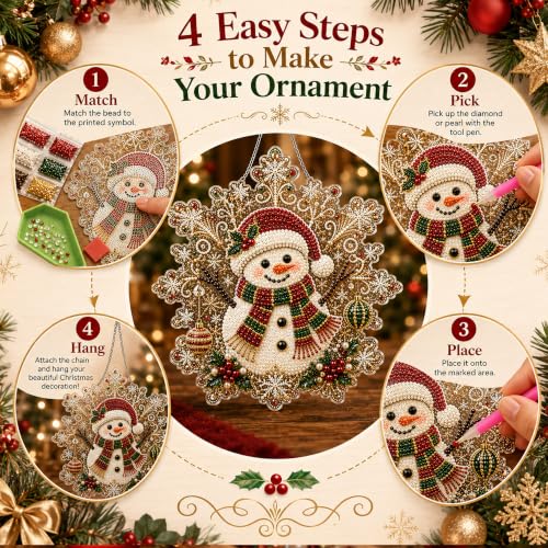 LJSCQF Christmas Pearl Diamond Painting Suncatcher Kit, DIY Craft | Pre-Assembled Metal Chain, Acrylic Snowflake Shape Board with Lace Edge, 3D Mixed-Sized Pearl Beads Craft (Style C, 8IN)