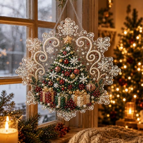 LJSCQF Christmas Pearl Diamond Painting Suncatcher Kit, DIY Craft | Pre-Assembled Metal Chain, Acrylic Snowflake Shape Board with Lace Edge, 3D Mixed-Sized Pearl Beads Craft (Style C, 8IN)