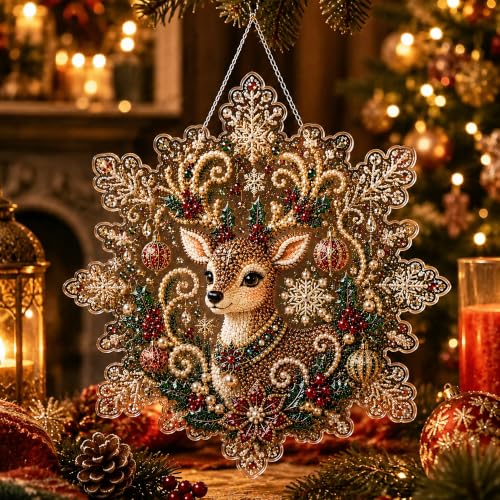 LJSCQF Christmas Pearl Diamond Painting Suncatcher Kit, DIY Craft | Pre-Assembled Metal Chain, Acrylic Snowflake Shape Board with Lace Edge, 3D Mixed-Sized Pearl Beads Craft (Style C, 8IN)