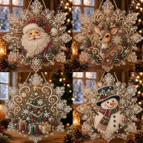 LJSCQF Christmas Pearl Diamond Painting Suncatcher Kit, DIY Craft | Pre-Assembled Metal Chain, Acrylic Snowflake Shape Board with Lace Edge, 3D Mixed-Sized Pearl Beads Craft (Style C, 8IN)
