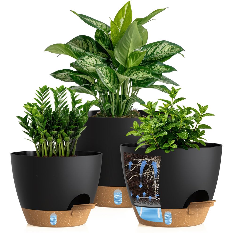 Self Watering Pots with Drainage Holes, 3 Pack 12/10/8 Inch Plant Pots with Water Level Indicator Deep Reservoir, Large Plastic Planter for Indoor Outdoor Plants - Black Brown