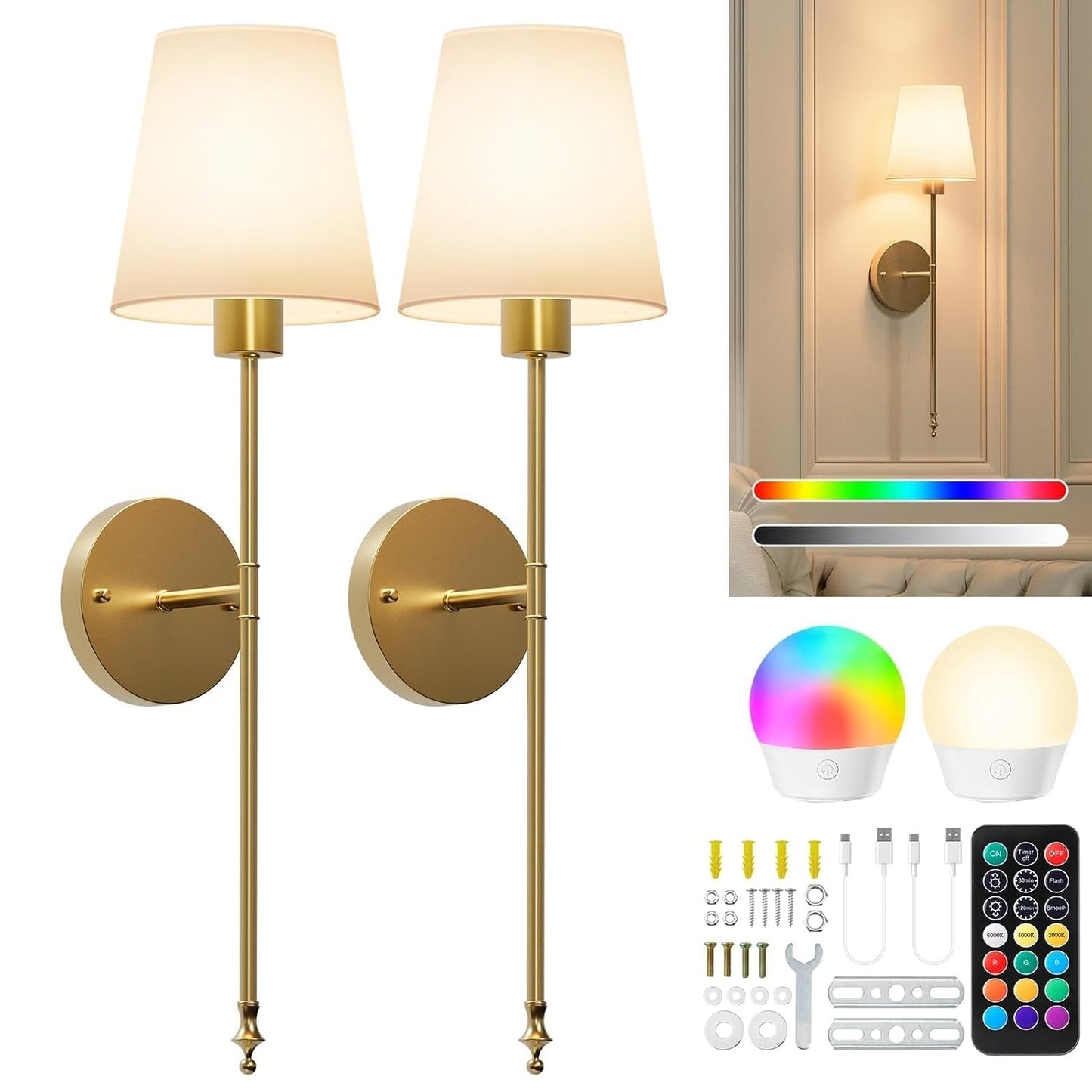 Brightown Battery Operated Wall Sconces Set of Two,Gold Sconces Wall Decor | RGBWW Rechargeable Wall Lights with Dimmable Magnetic Bulbs & Remote, Wireless Wall Lamp for Living Room Bedroom Hallway