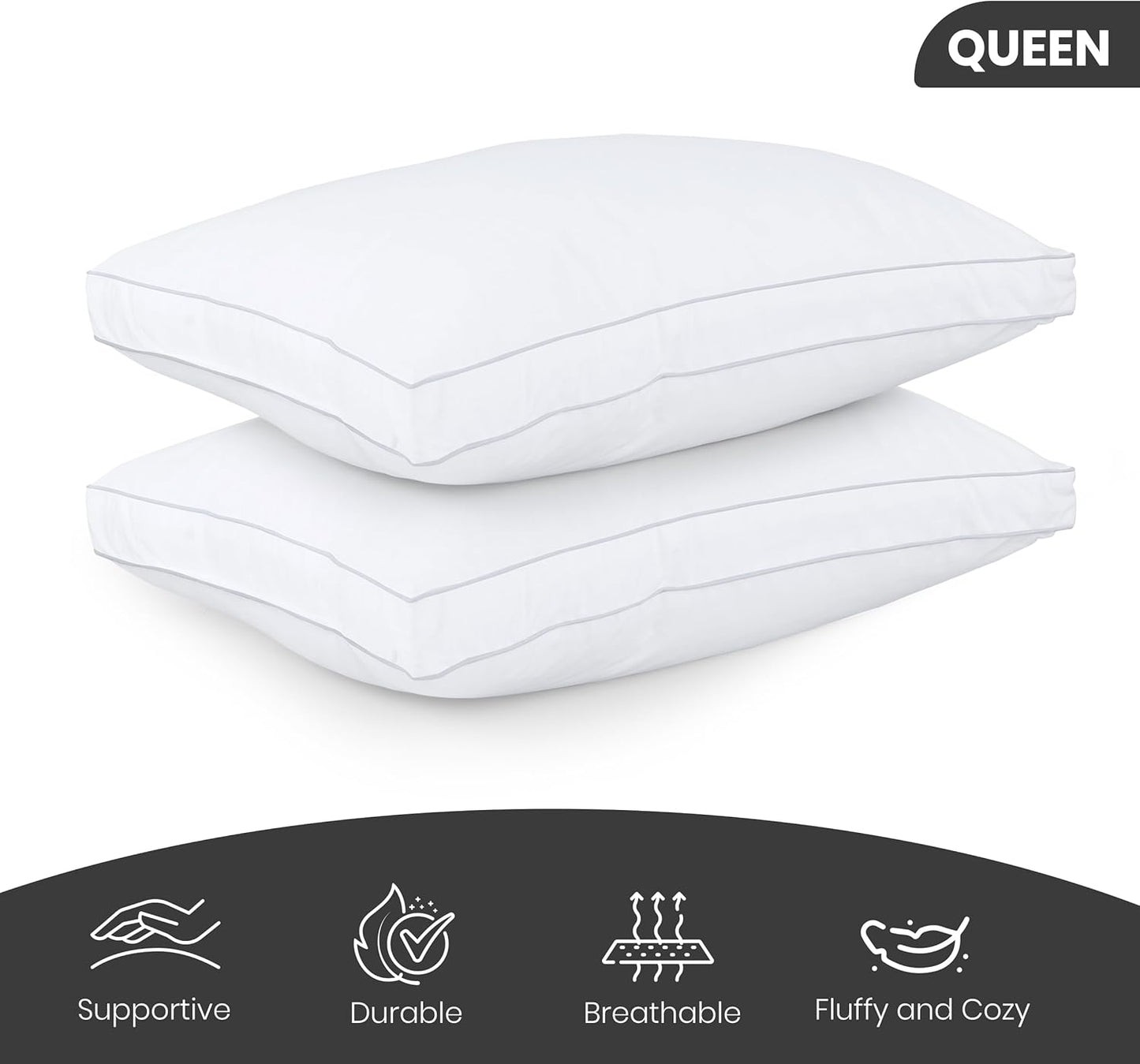 Utopia Bedding Bed Pillows for Sleeping Queen Size (White), Set of 2, Soft & Fluffy Pillow with Down Alternative Filling, Cooling, Hotel Quality, Gusseted Pillow for Back, Stomach or Side Sleepers