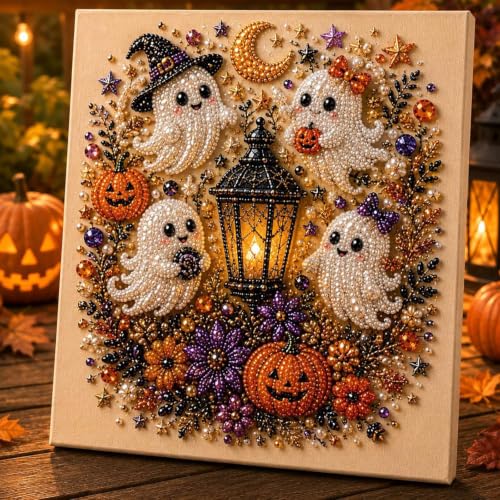Halloween Ghost Pearl Diamond Art Kits for Adults with Frame 10x10in | Halloween Pearl Art Kits for Adults, Special Shape Pearl Diamond Painting Kit, Pearls Art Gem Crafts for Home Wall Decor