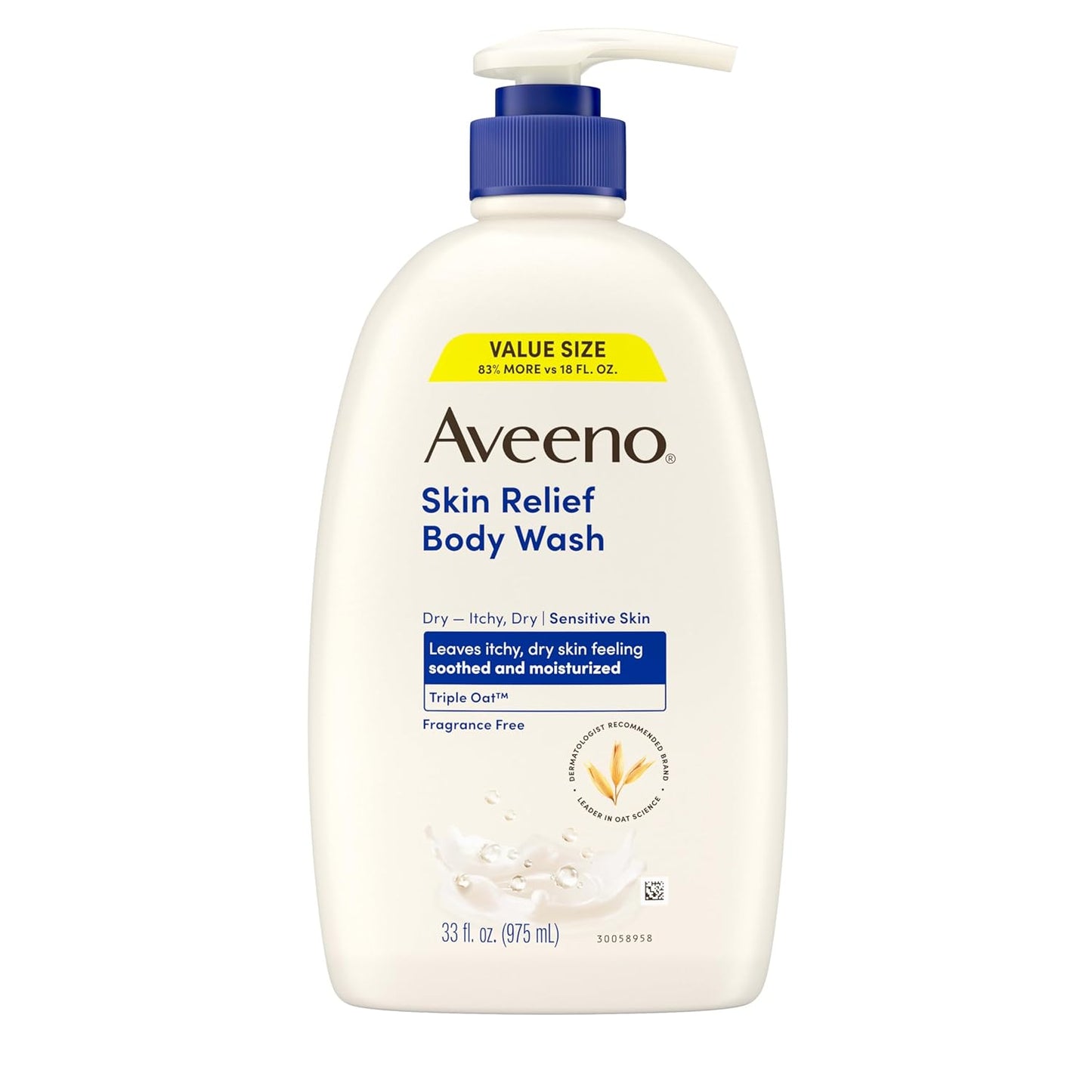 Aveeno Skin Relief Fragrance-Free Body Wash with Triple Oatå¨ Complex, Gentle Daily Cleanser for Sensitive Skin Leaves Itchy, Dry Skin Feeling Soothed & Moisturized, 33 fl. oz