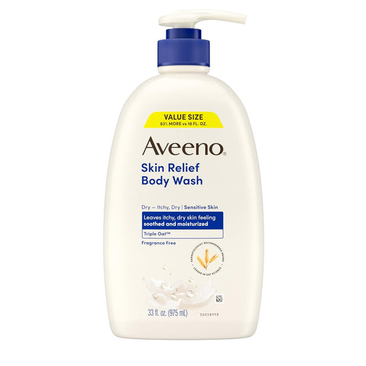 Aveeno Skin Relief Fragrance-Free Body Wash with Triple Oatå¨ Complex, Gentle Daily Cleanser for Sensitive Skin Leaves Itchy, Dry Skin Feeling Soothed & Moisturized, 33 fl. oz