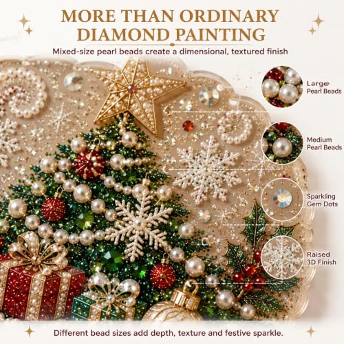 Christmas Pearl Diamond Painting Suncatcher Kit, DIY Craft (#C, 8in) | Pre-Assembled Metal Chain, Acrylic Round Board with Lace Edge, 3D Mixed-Sized Pearl Beads Craft, Festive Window Wall Decor