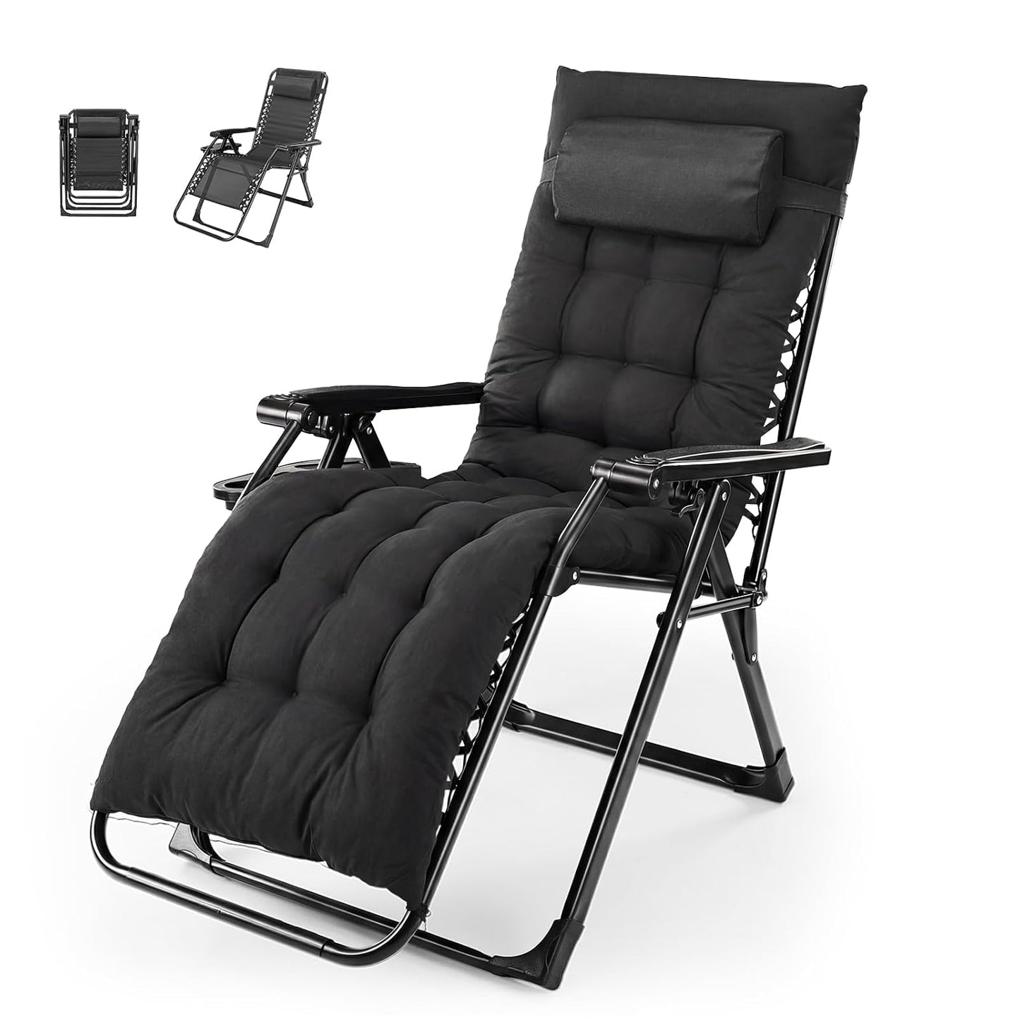 NEWBULIG Zero Gravity Chair, Folding Patio Recliner with Cup Holder Trays | Portable Patio Chairs, Lounge Chair for Outdoor, Indoor, Beach, Pool, Camping, Balcony, Porch, Black