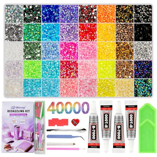 40,000-Piece Bedazzling Kit, 40 Colors, 3mm Jelly AB Resin Rhinestones | Flatback gems with 4 B-7000 glue tubes, 40-compartment box, tweezers and trays for tumblers, phone cases and DIY crafts.