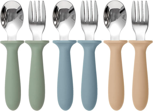 Eascrozn Toddler Utensils, 6 Pack kids Silverware Set with Silicone Handle, 18/8 Stainless Steel Children Safe Forks and Spoons, Dishwasher Safe