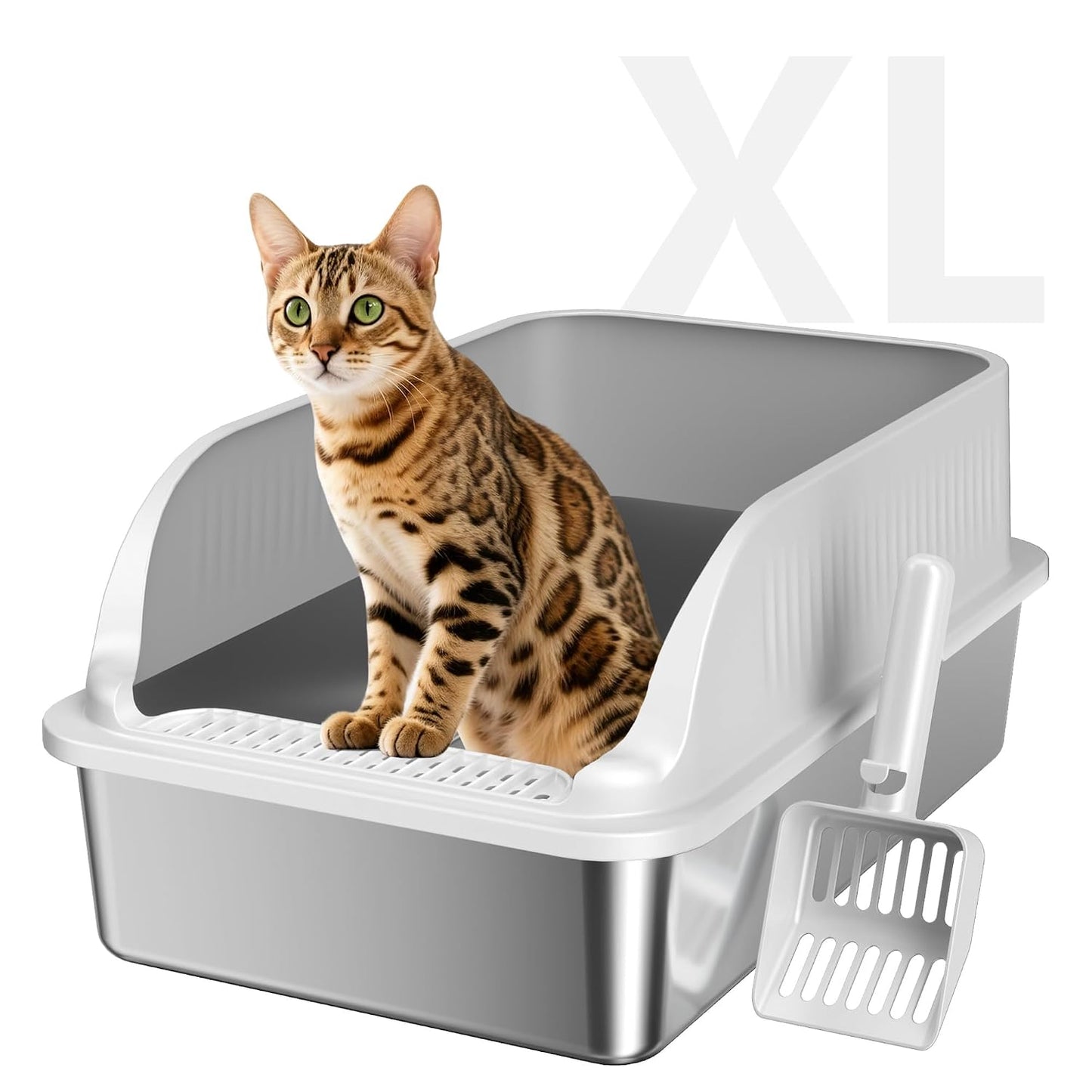 Stainless Steel Cat Litter Box with Lid, XL Metal High Sided Litter Box | Odor Free Open Top Litter Pan Easy Cleaning Anti-Urine Leakage Non-Stick Includes Scoop Light Grey